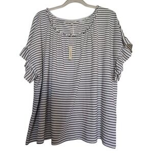 Max Studio London Blouse Woman 3X Beige Black Striped Knit Summer‎ Ruffle Beach